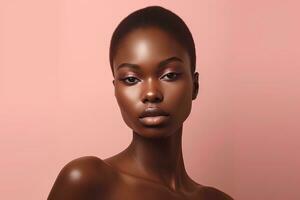 bellezza ritratto di giovane africano americano donna su rosa sfondo ai generato foto