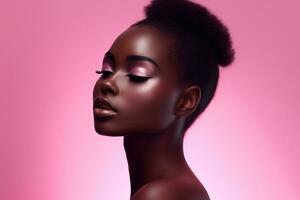 bellissimo africano americano donna con trucco su rosa sfondo.ai generato foto