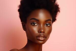 bellissimo africano americano donna con trucco su rosa sfondo.ai generato foto