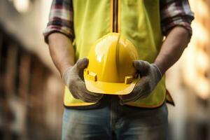 avvicinamento di un' costruzione lavoratore Tenere un' difficile cappello nel il suo mani ai generato foto