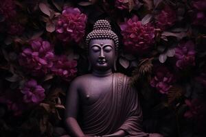 Budda statua con viola fiori nel il sfondo ai generato foto