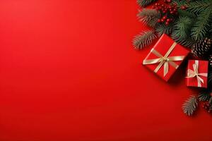 Natale sfondo con abete rami, coni e regalo scatola su rosso sfondo ai generato foto