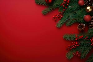 Natale sfondo con abete rami, coni e regalo scatola su rosso sfondo ai generato foto