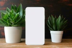 smartphone modello con vuoto schermo e succulento pianta su di legno tavolo ai generato foto