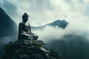 Budda statua su il superiore di montagna nel nebbioso mattina ai generato foto