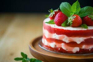 fragola torta con frustato crema e fresco fragole su buio sfondo ai generato foto