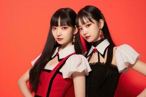 ritratto di Due bellissimo asiatico donne nel nero vestito su rosso sfondo ai generato foto