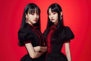 ritratto di Due bellissimo asiatico donne nel nero vestito su rosso sfondo ai generato foto