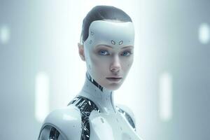 ritratto di un' robot nel un' bianca futuristico interno, artificiale intelligenza concetto ai generato foto