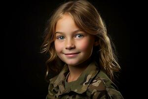 ritratto di un' poco ragazza nel un' militare uniforme. studio sparo. ai generato foto