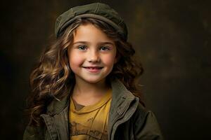 ritratto di un' poco ragazza nel un' militare uniforme. studio sparo. ai generato foto