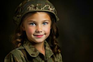 ritratto di un' poco ragazza nel un' militare uniforme. studio sparo. ai generato foto