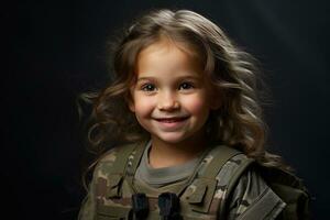 ritratto di un' poco ragazza nel un' militare uniforme. studio sparo. ai generato foto