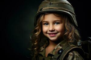 ritratto di un' poco ragazza nel un' militare uniforme. studio sparo. ai generato foto