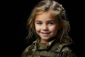 ritratto di un' poco ragazza nel un' militare uniforme. studio sparo. ai generato foto