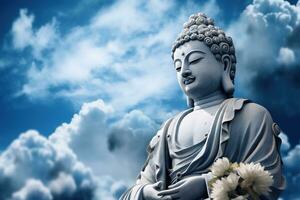 Budda statua con blu cielo e nuvole sfondo ai generato foto