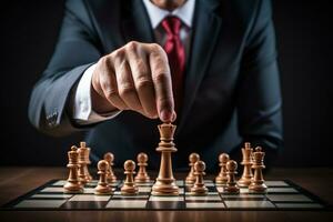 avvicinamento di uomo d'affari giocando scacchi. attività commerciale strategia e comando concetto ai generato foto