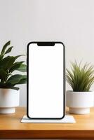 modello smartphone con vuoto schermo su tavolo con verde pianta ai generato foto