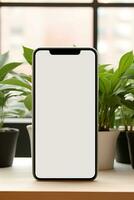 modello smartphone con vuoto schermo su tavolo con verde pianta ai generato foto