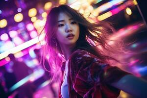ritratto di un' bellissimo giovane asiatico donna con lungo capelli nel notte club ai generato foto