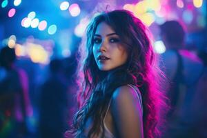 ritratto di un' bellissimo giovane asiatico donna con lungo capelli nel notte club ai generato foto