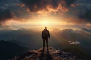 uomo in piedi su superiore di il montagna e guardare a il tramonto ai generato foto