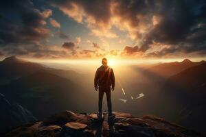 uomo in piedi su superiore di il montagna e guardare a il tramonto ai generato foto