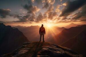 uomo in piedi su superiore di il montagna e guardare a il tramonto ai generato foto