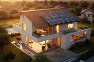 Casa con un' tetto a partire dal un' bituminoso piastrella, il concetto di rinnovabile energia. ai generato foto