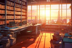 moderno biblioteca interno con libreria, scaffale e città Visualizza tramonto ai generato foto