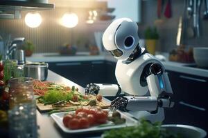 3d interpretazione umanoide robot cucinando verdura insalata nel cucina a casa. ai generato foto