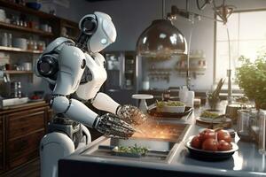 3d interpretazione umanoide robot cucinando verdura insalata nel cucina a casa. ai generato foto