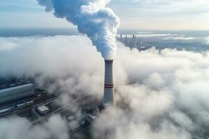 aereo Visualizza di carbone energia pianta con ciminiere nel nuvoloso mattina ai generato foto