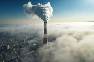 aereo Visualizza di carbone energia pianta con ciminiere nel nuvoloso mattina ai generato foto