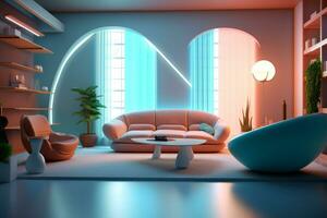 moderno interno vivente camera mobilia con neon luci ai generato foto