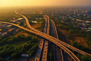 aereo Visualizza di autostrada nel città a sera per mezzi di trasporto sfondo. ai generato foto