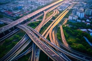 aereo Visualizza di autostrada nel città a sera per mezzi di trasporto sfondo. ai generato foto