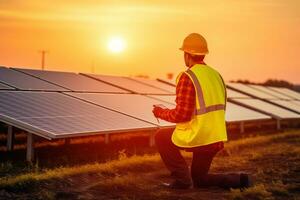 fotovoltaico ingegnere Lavorando su digitale tavoletta nel solare energia pianta ai generato foto