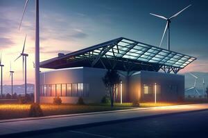 solare pannelli e vento turbine a tramonto. rinnovabile energia concetto. 3d interpretazione ai generato foto