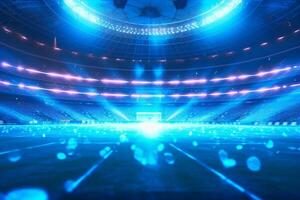 calcio stadio con fan e luci nel il sfondo. 3d interpretazione ai generato foto