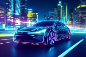 3d interpretazione di un' blu sport auto nel il neon leggero città a notte ai generato foto