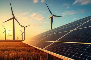 solare pannelli e vento turbine a tramonto. rinnovabile energia concetto. 3d interpretazione ai generato foto
