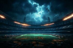 3d rendere di un' calcio stadio nel il notte con luci e razzi ai generato foto