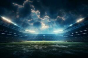 calcio stadio a notte con luci e razzi. 3d interpretazione ai generato foto