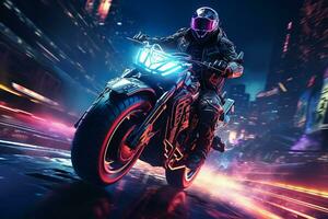 da corsa motociclo con neon luci su il sfondo. 3d resa. ai generato foto