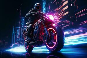 da corsa motociclo con neon luci su il sfondo. 3d resa. ai generato foto