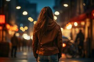 indietro Visualizza di un' giovane donna nel rosso giacca a piedi nel il città a notte ai generato foto