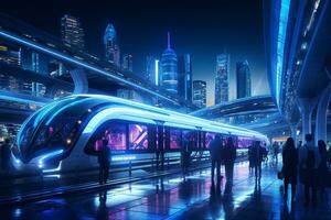 futuristico città con raggiante luci e digitale interfaccia. 3d interpretazione ai generato foto