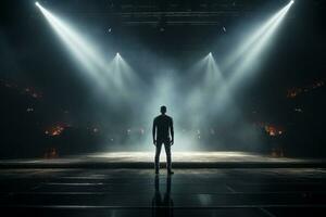giovane uomo in piedi nel indietro di palcoscenico luci e guardare a faretti ai generato foto