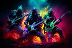 roccia gruppo musicale giocando elettrico chitarra su buio tonica sfondo con Fumo. ai generato foto